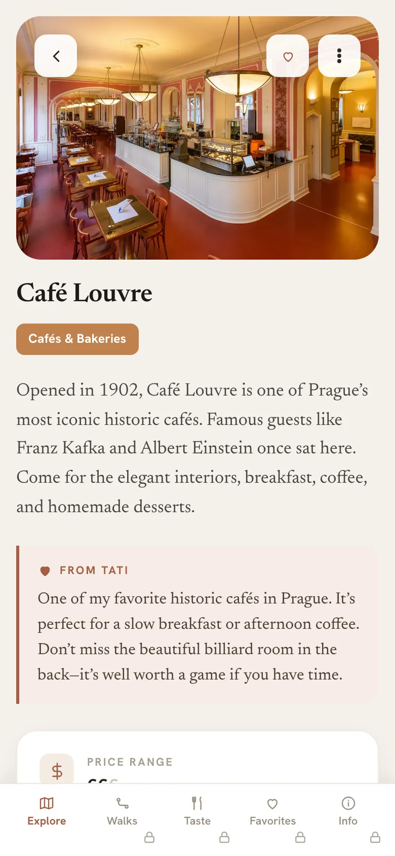A place in the Prague guide with a photo and a personal note